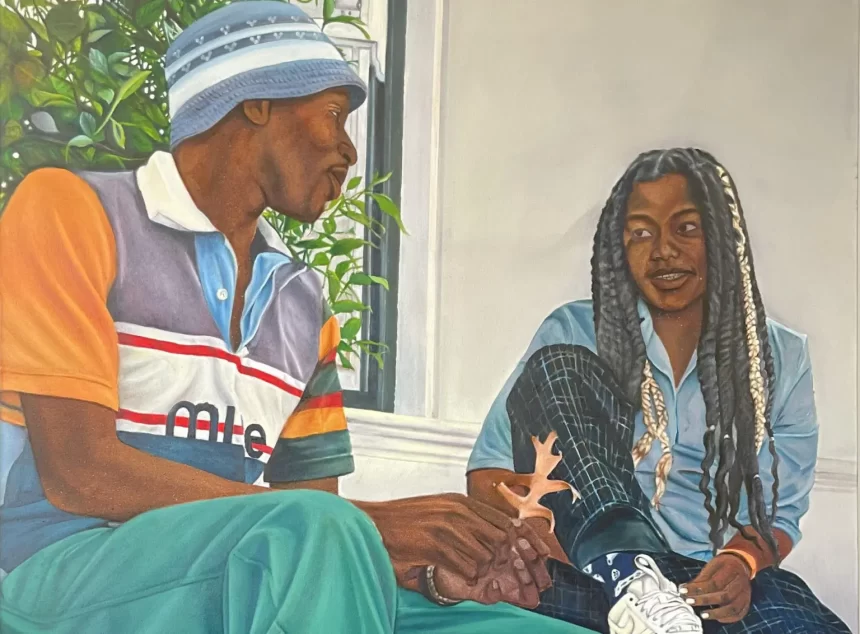 Aviwe Plaatjie, 2022, Ulungazenzisiyo (Anyone can love a rose, but it takes a lot to love a leaf), huile sur toile, 163 x 117 cm. ©Aviwe Plaatjie – 31 project