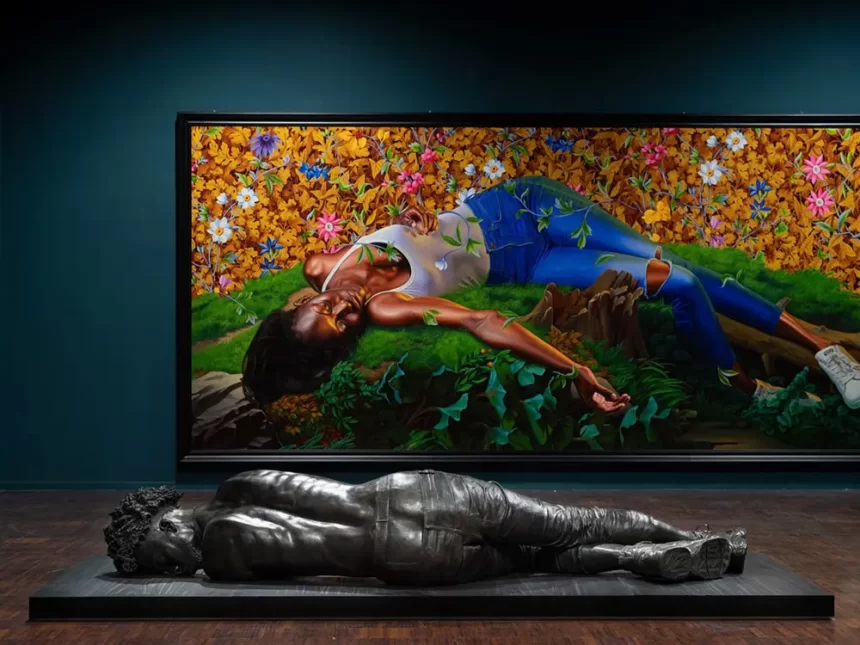 Front: “The Virgin Martyr Cecilia” (2022), bronze, 251 × 152 3/4 × 70 1/8 inches. Back: “Young Tarentine II (Ndeye Fatou Mbaye)” (2022), oil on canvas, 131 7/8 × 300 inches