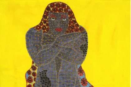 Pensée Jaune Ibrahim Ballo 2022 89 x 89 cm Acrylique, tissage et broderie de coton sur jean